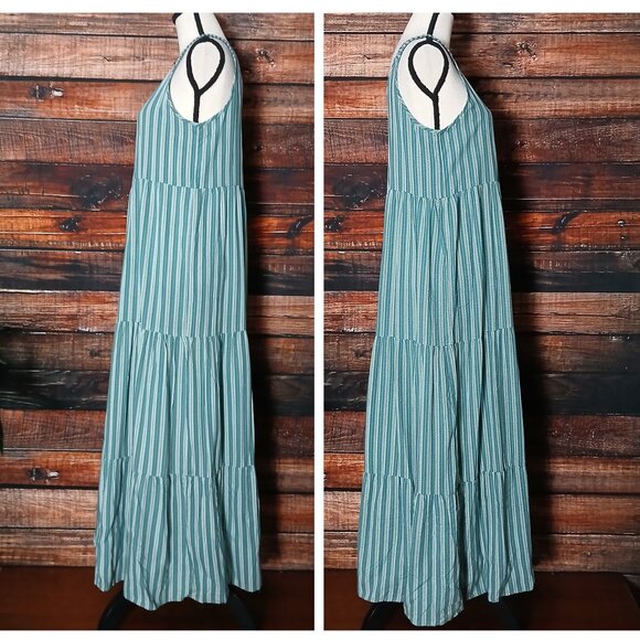 Kaktus Maxi Dress S Turquoise Tiered Striped Relaxed Rayon - Picture 3 of 7